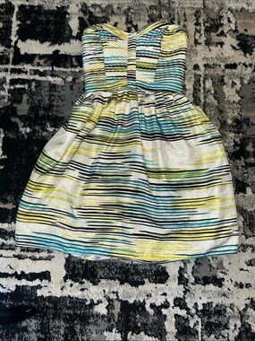 Devlin Girls Strapless Party Dress in Yellow, Blue & Black Stripe